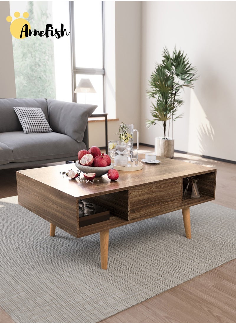 AnneFish 100*50*45.5cm Coffee Table With Large-capacity Storage Double-layer Simple Installation Coffee Table For Living Room With Drawer  - Image 1