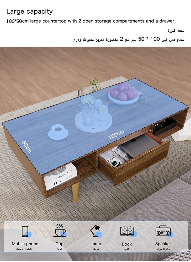 آن فش - 100*50*45.5 سم طاولة قهوة بسيطة التركيب مزدوجة الطبقات تخزين ذات سعة كبيرة لغرفة المعيشة مع درج - Image 1