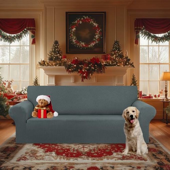 KEKUOU Stretch Oversized Sofa Slipcover 1 Piece Couch Sofa Cover (94"-110") Furniture Protector 4 Seater Sofa with Elastic Bottom for Kids,Pet.Jacquard Checked Pattern Fabric(X Large,Grey) - Image 2