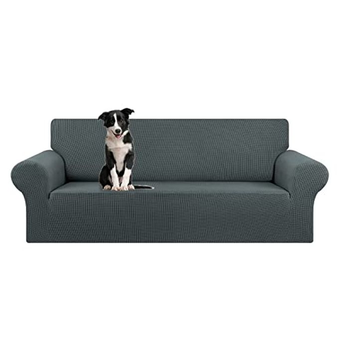 KEKUOU Stretch Oversized Sofa Slipcover 1 Piece Couch Sofa Cover (94"-110") Furniture Protector 4 Seater Sofa with Elastic Bottom for Kids,Pet.Jacquard Checked Pattern Fabric(X Large,Grey) - Image 1