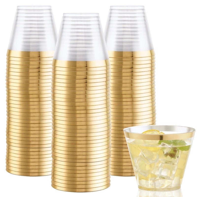 Hioasis 200PCS Gold Plastic Cups9Oz Gold Rimmed Plastic CupsClear Plastic Cup with Gold TrimHeavy Duty Clear Disposable Plasitc Cup for PartyWeddingReception