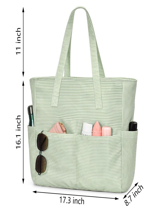 oscaurt Beach Bags for Women Large Waterproof Sandproof Beach Tote Swim Pool Bag with Zipper for Travel Vacation Essentials, Grey Green Stripes, Large, Tote Bag - Image 4