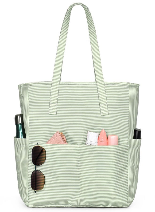 oscaurt Beach Bags for Women Large Waterproof Sandproof Beach Tote Swim Pool Bag with Zipper for Travel Vacation Essentials, Grey Green Stripes, Large, Tote Bag - Image 1