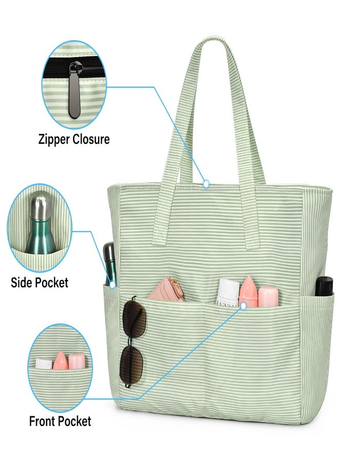 oscaurt Beach Bags for Women Large Waterproof Sandproof Beach Tote Swim Pool Bag with Zipper for Travel Vacation Essentials, Grey Green Stripes, Large, Tote Bag - Image 2