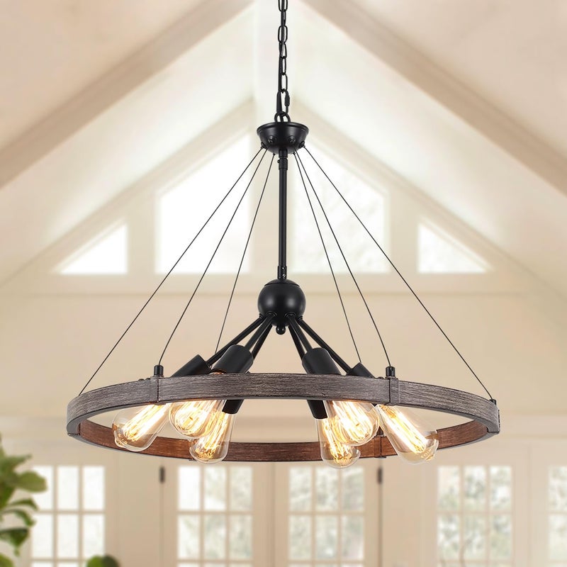 MRHYSWD Wagon Wheel Chandeliers Ceiling Light for Living Room, 6 Lights Rustic Industrial Outdoor Chandelier Black Pendant Light Fitting for Dining Room Kitchen Hallway Bedroom, Height Adjustment - Image 1