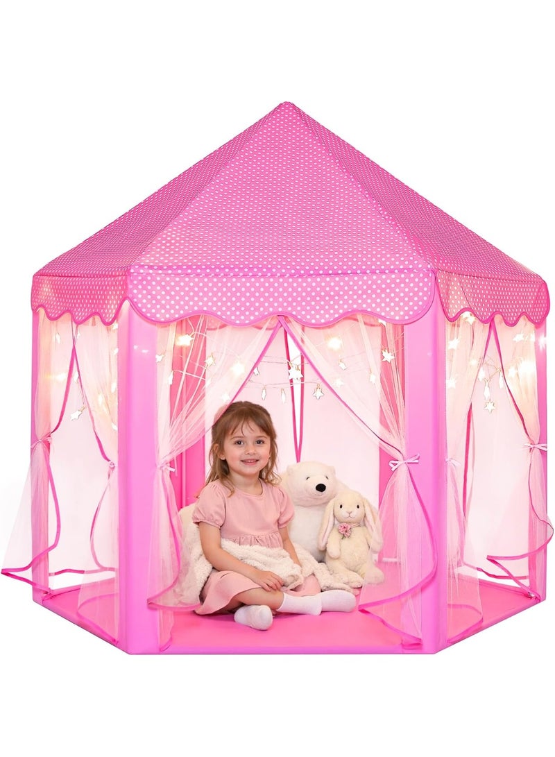 DubaiGallery Lovely Pink Kids Play Tent Fairy Castle with Curtains Star Lights Padded Mat Safe Cozy Corner for Toddlers Creative Play Reading Indoor Bedroom Nursery Playroom Gift Idea Fun Space Time - Image 1