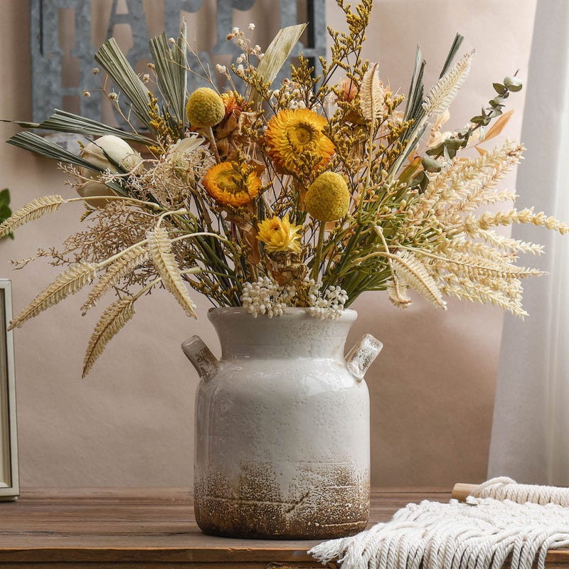 Quoowiit Ceramic Rustic Farmhouse Vase, Distressed Decorative Flower Vase for Home Decor, Ideal Shelf Decor, White Boho Vase for Living Room Bedroom Kitchen Office Decor Centerpiece Table Decorations - Image 1