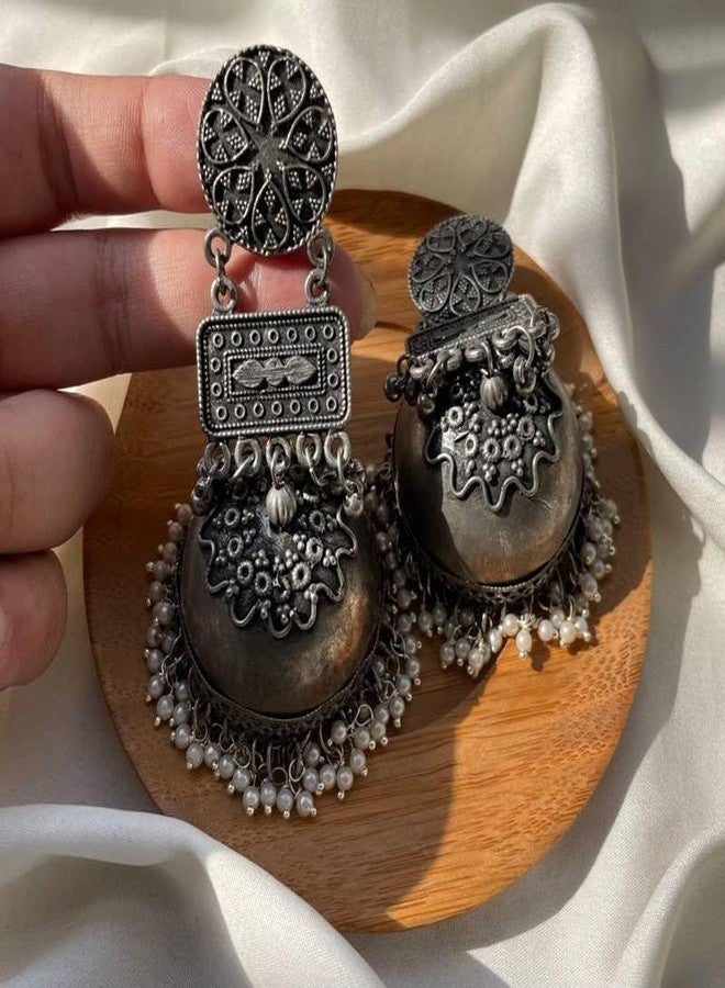 Shivarth Stylish Oxidised Silver Big Ethnic Afghani Jhumkas Earring lightweight with Pearl Beads Traditional Black Long Jhumki for Causal & Party Use Jhumka Earing for Women & Girls - Image 3