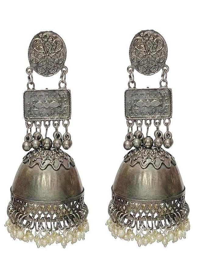 Shivarth Stylish Oxidised Silver Big Ethnic Afghani Jhumkas Earring lightweight with Pearl Beads Traditional Black Long Jhumki for Causal & Party Use Jhumka Earing for Women & Girls - Image 1