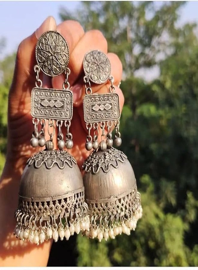 Shivarth Stylish Oxidised Silver Big Ethnic Afghani Jhumkas Earring lightweight with Pearl Beads Traditional Black Long Jhumki for Causal & Party Use Jhumka Earing for Women & Girls - Image 2