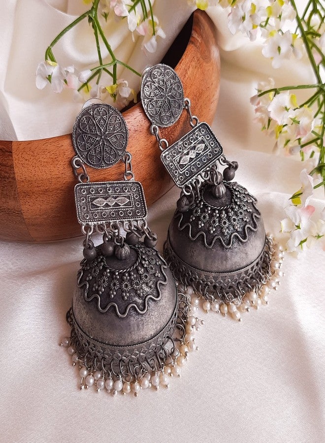 Shivarth Stylish Oxidised Silver Big Ethnic Afghani Jhumkas Earring lightweight with Pearl Beads Traditional Black Long Jhumki for Causal & Party Use Jhumka Earing for Women & Girls - Image 5