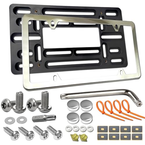 Aootf Front License Plate Bracket- Universal Front Bumper Plate Mounting Kit, Car Tag Holder Adapter& Stainless Steel Plate Cover, Anti-Theft Lock Screws, Caps, Nuts, for US Vehicle Trailer Truck - Image 1