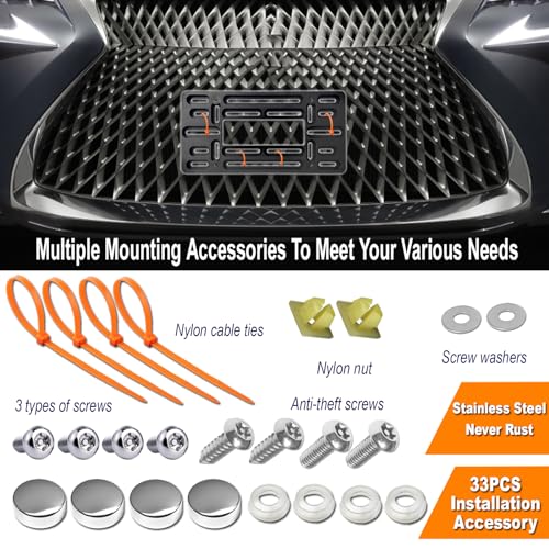 Aootf Front License Plate Bracket- Universal Front Bumper Plate Mounting Kit, Car Tag Holder Adapter& Stainless Steel Plate Cover, Anti-Theft Lock Screws, Caps, Nuts, for US Vehicle Trailer Truck - Image 5