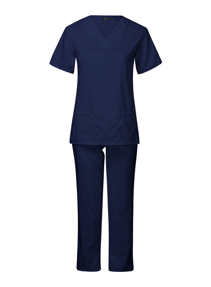 Loquat Medical Uniform Scrubs Set Fast Dry V-Neck Top and Loose Pants Suit Navy Blue - Image 1