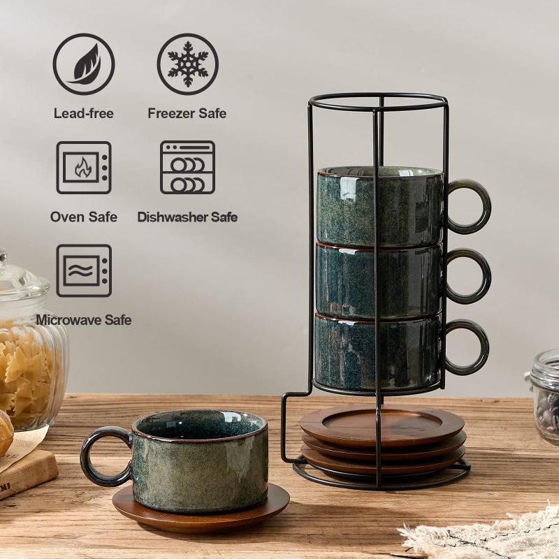 LUKA 6 Ounce Porcelain Stackable Espresso Cups with Saucers and Metal Stand Set of 4, Ceramic Cappuccino Cups Set for Specialty Coffee Drinks, Latte, Cafe Mocha and Tea, Reactive Dark Green - Image 5