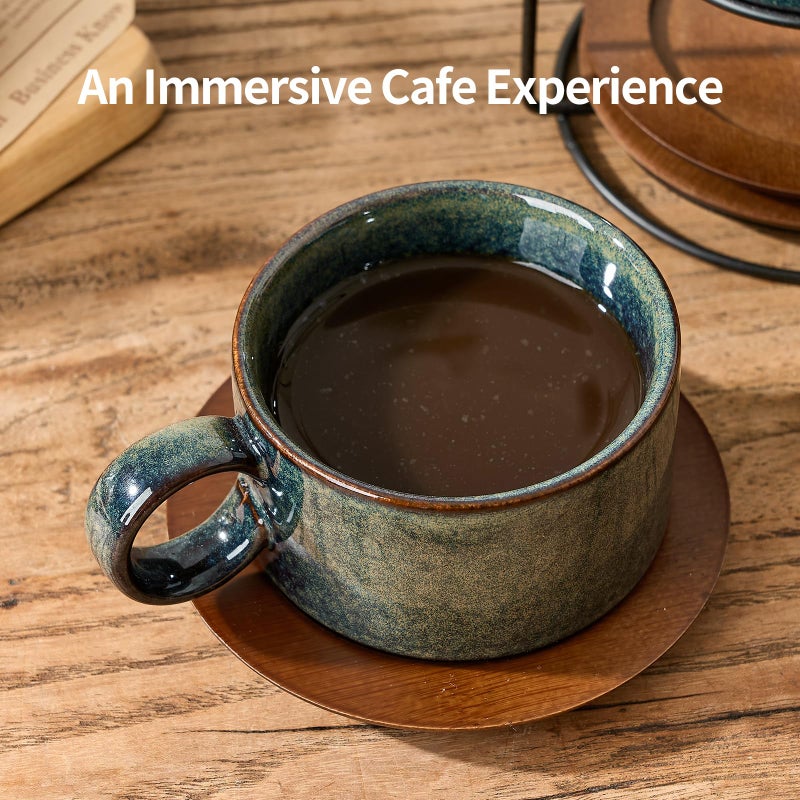 LUKA 6 Ounce Porcelain Stackable Espresso Cups with Saucers and Metal Stand Set of 4, Ceramic Cappuccino Cups Set for Specialty Coffee Drinks, Latte, Cafe Mocha and Tea, Reactive Dark Green - Image 4