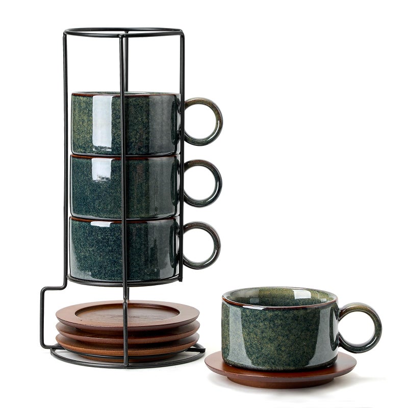 LUKA 6 Ounce Porcelain Stackable Espresso Cups with Saucers and Metal Stand Set of 4, Ceramic Cappuccino Cups Set for Specialty Coffee Drinks, Latte, Cafe Mocha and Tea, Reactive Dark Green - Image 1