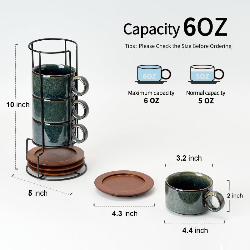 LUKA 6 Ounce Porcelain Stackable Espresso Cups with Saucers and Metal Stand Set of 4, Ceramic Cappuccino Cups Set for Specialty Coffee Drinks, Latte, Cafe Mocha and Tea, Reactive Dark Green - Image 3
