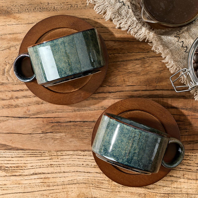 LUKA 6 Ounce Porcelain Stackable Espresso Cups with Saucers and Metal Stand Set of 4, Ceramic Cappuccino Cups Set for Specialty Coffee Drinks, Latte, Cafe Mocha and Tea, Reactive Dark Green - Image 2