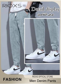 RIOXS Men Elastic Waist Downstring Denim Pants with 4 Pockets, Stylish Versatile Jeans, Fashionable Durable Baggy Trousers, Comfortable for Daily Wear or Outdoor Activities  - Image 4