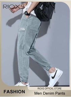 RIOXS Men Elastic Waist Downstring Denim Pants with 4 Pockets, Stylish Versatile Jeans, Fashionable Durable Baggy Trousers, Comfortable for Daily Wear or Outdoor Activities  - Image 2