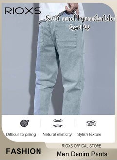 RIOXS Men Elastic Waist Downstring Denim Pants with 4 Pockets, Stylish Versatile Jeans, Fashionable Durable Baggy Trousers, Comfortable for Daily Wear or Outdoor Activities  - Image 5
