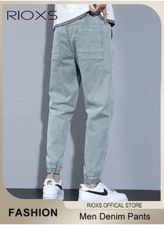 RIOXS Men Elastic Waist Downstring Denim Pants with 4 Pockets, Stylish Versatile Jeans, Fashionable Durable Baggy Trousers, Comfortable for Daily Wear or Outdoor Activities  - Image 3
