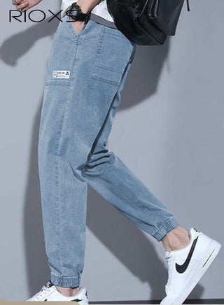 Mens Tapered Denim Pants, Loose Fit Elastic Waist Drawstring Pants for Men, Fashionable Durable Baggy Trousers With 4 Pockets, Comfzy Tapered Jeans for Office/ Daily Wear/ Outdoor Activities, Blue - view 2