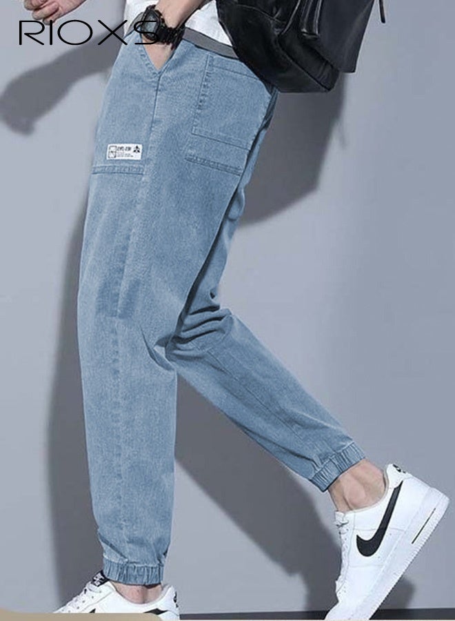 ريوكس بنطلون جينز رجالي ضيق، بنطلون رجالي فضفاض بخصر مطاطي ورباط، بنطلون واسع عصري ومتين بـ 4 جيوب، جينز ضيق مريح للمكتب/الارتداء اليومي/الأنشطة الخارجية، أزرق - Image 2