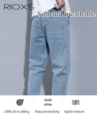 Mens Tapered Denim Pants, Loose Fit Elastic Waist Drawstring Pants for Men, Fashionable Durable Baggy Trousers With 4 Pockets, Comfzy Tapered Jeans for Office/ Daily Wear/ Outdoor Activities, Blue - view 5