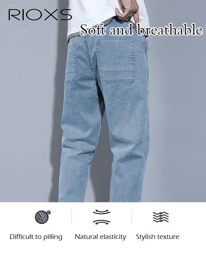 ريوكس بنطلون جينز رجالي ضيق، بنطلون رجالي فضفاض بخصر مطاطي ورباط، بنطلون واسع عصري ومتين بـ 4 جيوب، جينز ضيق مريح للمكتب/الارتداء اليومي/الأنشطة الخارجية، أزرق - Image 5