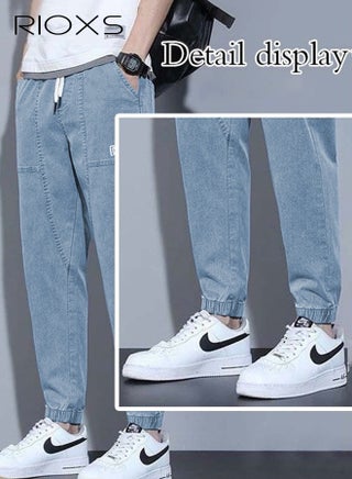 Mens Tapered Denim Pants, Loose Fit Elastic Waist Drawstring Pants for Men, Fashionable Durable Baggy Trousers With 4 Pockets, Comfzy Tapered Jeans for Office/ Daily Wear/ Outdoor Activities, Blue - view 4