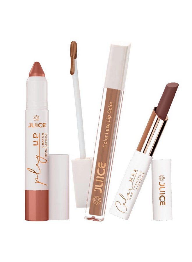 Juice Long Lasting, 3pc Lipstick Combo Set For Women(Barely There-MCR01 Lip Crayon, Brown-M18 Liquid Lipstick, Chestnut Charm-M12 Slim Stick) - Image 1