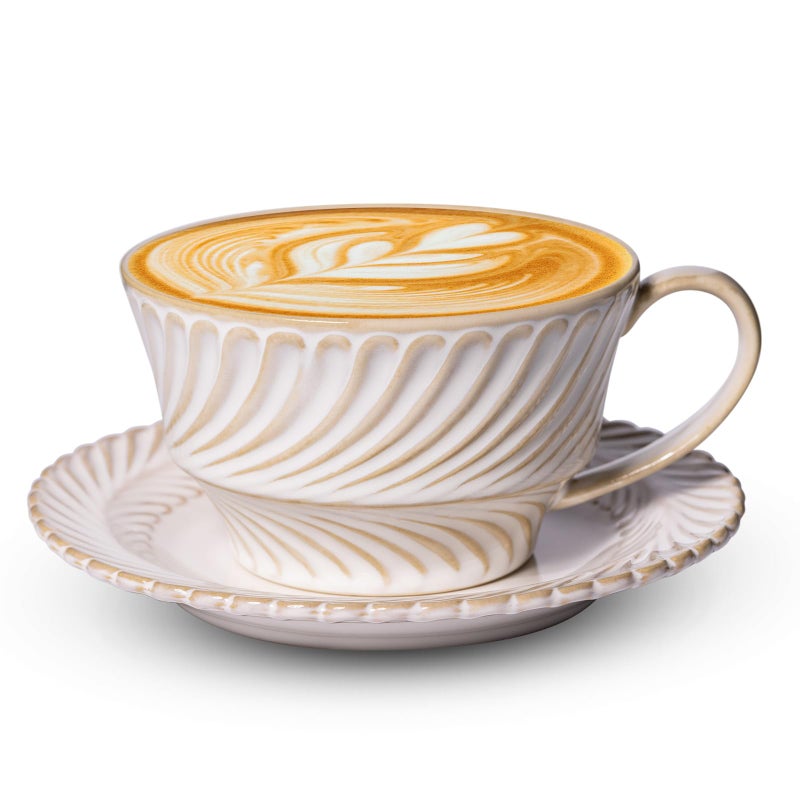 Alarrar Ceramic Latte Cup with Saucer, 12 OZ Cappuccino Cup Vintage Cafe Art Cups for Espresso Turkish Coffee, Farmhouse Latte Mugs Tea Cups and Saucers Porcelain Set for Baristas Mothers Day Gifts - Image 1