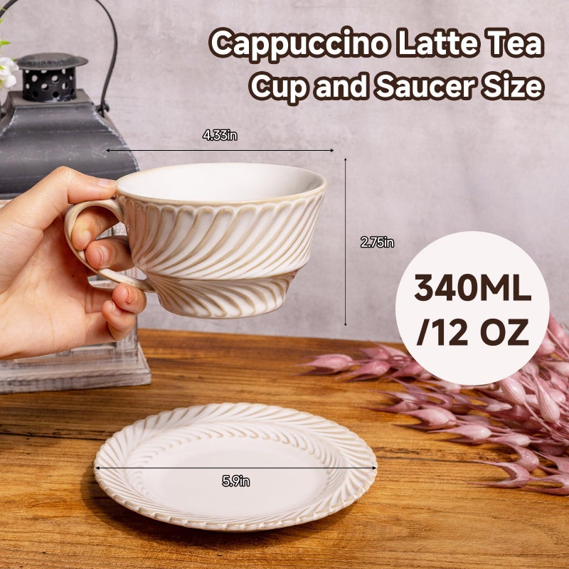 Alarrar Ceramic Latte Cup with Saucer, 12 OZ Cappuccino Cup Vintage Cafe Art Cups for Espresso Turkish Coffee, Farmhouse Latte Mugs Tea Cups and Saucers Porcelain Set for Baristas Mothers Day Gifts - Image 3