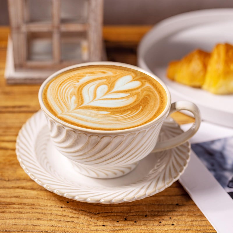 Alarrar Ceramic Latte Cup with Saucer, 12 OZ Cappuccino Cup Vintage Cafe Art Cups for Espresso Turkish Coffee, Farmhouse Latte Mugs Tea Cups and Saucers Porcelain Set for Baristas Mothers Day Gifts - Image 2