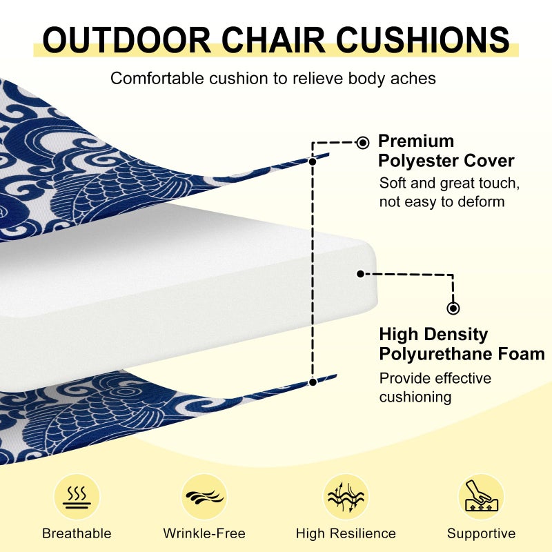 downluxe Outdoor Chair Cushions Set of 4 for Patio Furniture, Water-Resistant Patio Chair Cushions with Ties, High Density Foam Outdoor Seat Cushion, 17" X 16" X 2", Blue Carp - Image 2