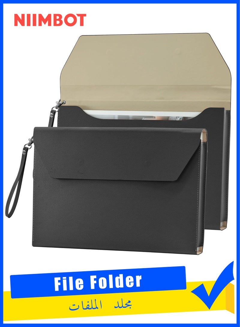 NIIMBOT 1 Pieces PU Leather A4 File Folder, Document Portfolio Holder Waterproof Portfolio Envelope Folder for A4 Letter Size Magnetic Closure Leather Envelope for School, Home and Office Stationery Black - Image 1