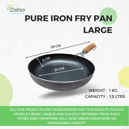 Zishta Pre-Seasoned Cast Iron Frying Pan - 24cm Dia, 1.5L Capacity - Induction & Gas Compatible Fry Pan Kadai with Wooden Handle - Heavy Base for Cooking - Ideal Cast Iron Pan for Frying & Searing - Image 3