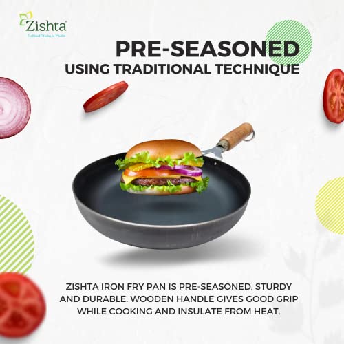 Zishta Pre-Seasoned Cast Iron Frying Pan - 24cm Dia, 1.5L Capacity - Induction & Gas Compatible Fry Pan Kadai with Wooden Handle - Heavy Base for Cooking - Ideal Cast Iron Pan for Frying & Searing - Image 4