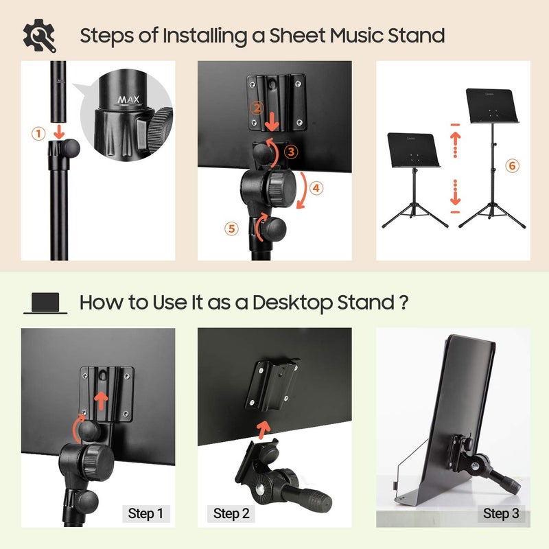 CAHAYA Music Stand for Sheet Music - Dual-use Converts to Desktop Stand Portable& Foldable 31.4-57in Height Adjustable Sturdy to Holds Thick Book or Tablet Include Carrying Bag Sheet Music Folder Clip - Image 4