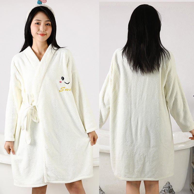 Bath towel wearable bathrobe bath skirt thickened absorbent women''s nightgown pineapple Plaid lace-up long sleeve autumn and winter bathrobe - Image 3
