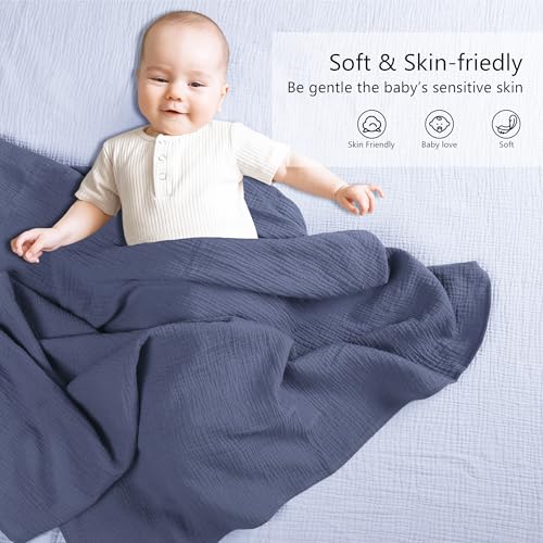 Susurration Muslin Swaddle Blanket Baby,100% Cotton Baby Receiving Blanket Soft Thin Swaddle Blanket for Unisex Newborn 40x40in 2Pack (Navy Blue) - Image 2