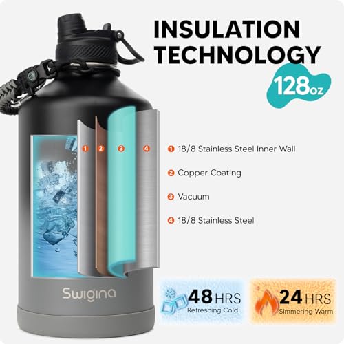 Swigina [2-IN-1 LID] Gallon Insulated Water Bottle with Silicone Boot (48hrs Cold/24hrs Hot) - DIY Stickers, Leakproof, BPA Free, 128 oz - Image 3