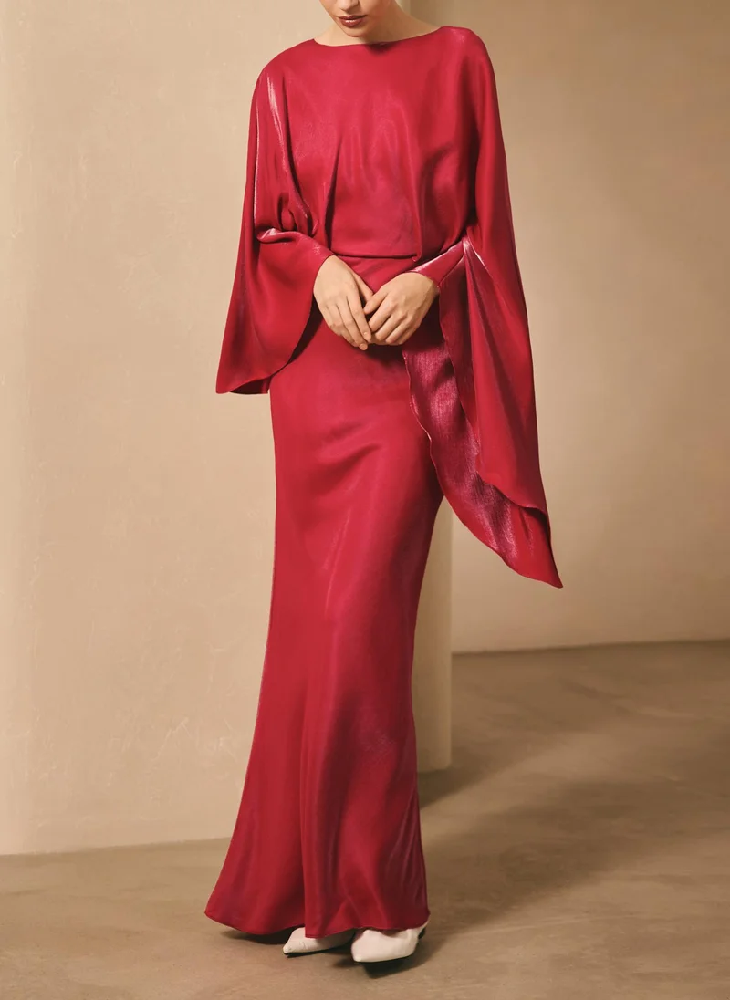 Satin maxi dress with puff sleeves