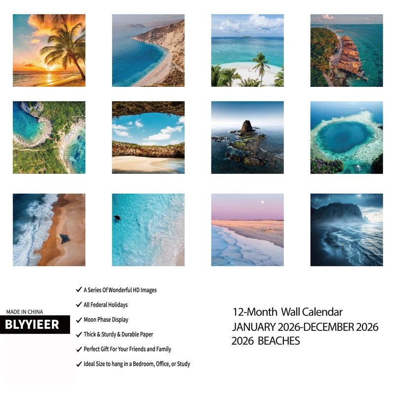 BLYYIEER 2026 Wall Calendar BEACHES, 12 Months Hangable Wall Calendars, Beach Calendars 2026, 12" x 24" (Open), Thick Glossy Paper, Organizing & Planning - Image 2