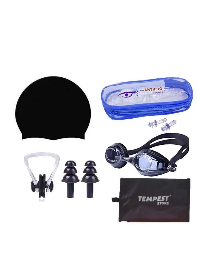 طقم سباحة TEMPEST مع نظارات سباحة وقبعة سباحة من السيليكون + مشبك أنف واحد + سدادتين للأذن وحقيبة أدوات مجانية (أسود) - Image 2