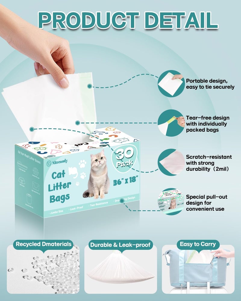 Nitecandy Litter Box Liners Extra-Thick, 30 Count Jumbo Size Cat Litter Bags Large, Kitty Litter Liner XL, Easy Clean Up Litter Pan Liners, Pet Cat Supplies - 36" x 18" - Image 2