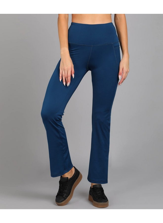 ROCK PAPER SCISSORS - Rock Paper Scissors Premium Flare Gym Pants High Waist Stretchable Flared Leggings with Pockets Gym wear/Active Wear Tights Yoga Pants Zumba/Dance Womens Workout Tights Gym Tight Blue - Image 1