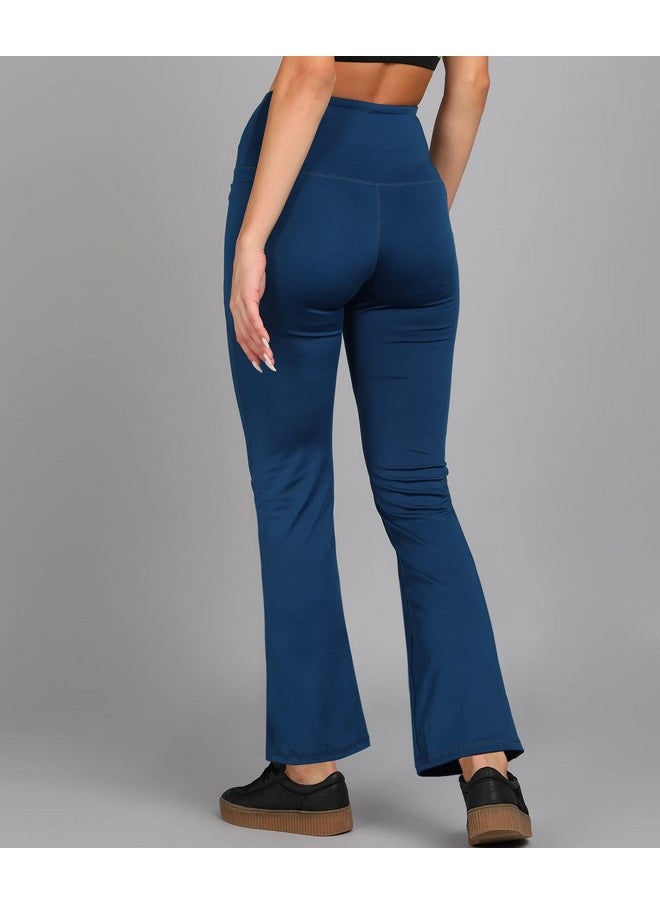 ROCK PAPER SCISSORS - Rock Paper Scissors Premium Flare Gym Pants High Waist Stretchable Flared Leggings with Pockets Gym wear/Active Wear Tights Yoga Pants Zumba/Dance Womens Workout Tights Gym Tight Blue - Image 1